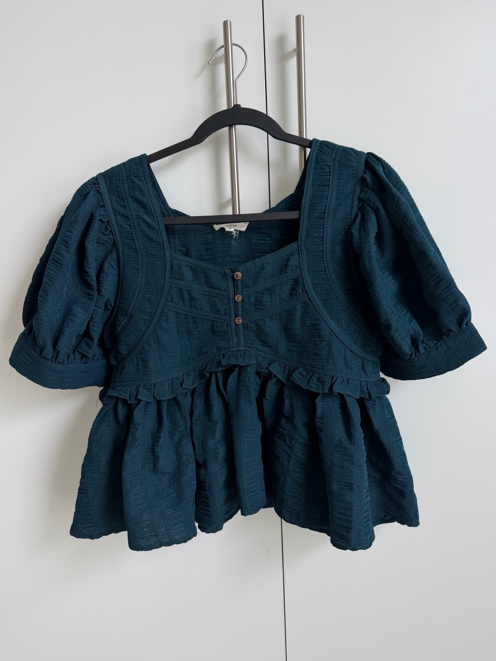 Anthro Maeve-Inspired Textured Peplum Babydoll Sz Small Teal Blue Puff Sleeve